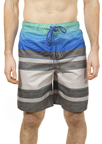 LAGUNA Mens Faded Palm Tropical Stripe Boardshorts Swim Trunks, UPF 50+, Aqua/Grey, XL