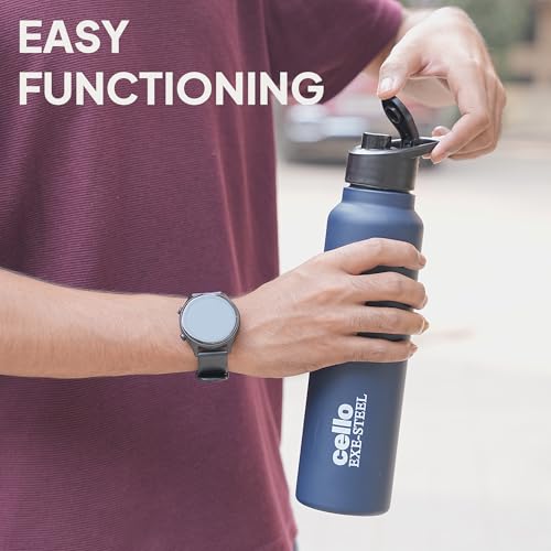 Image of CELLO Crysta Flip Stainless Steel Water Bottle 1000 ml, Navy Blue | Single Wall Freezer & Fridge Safe Lightweight Leakproof Flip lid Spillproof Rust Resistant Steel Water Bottle for School Gym Office