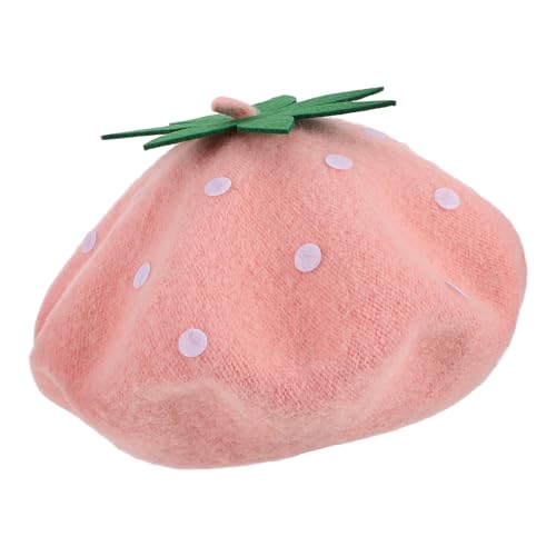 BESTonZON Strawberry Wool Beret Hat for Ponytail Hat Vintage French Artist Style Wool Cap Pink 48-52cm Autumn Winter Warm