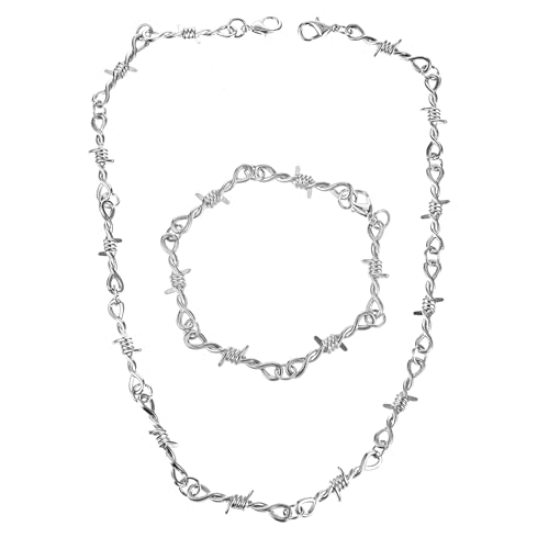 Yolev Barbed Wire Necklace and Bracelet Set Punk Thorns Barbed Wire Choker Silver Metal Grunge Jewelry Barb Wire Necklace Hiphop Rock Goth Chain for Men Women Y2k Daily Versatile Fashion