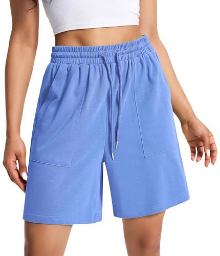 Auriviz Pantalones Cortos de algodón para Mujer, Casuales, de Verano, Sueltos, con cordón, para Descansar, Correr, atléticos, con Bolsillos, Azul/Claro, S
