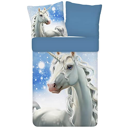 AShanlan 2 TLG. Bettwäsche Kariert 135x200 cm + 1 Kissenbezug 80x80 cm weiß Kariert Bettbezug Microfaser 6 ESPiCO Bettwäsche Trendy Bedding Freeze Tiermotiv Pferd Einhorn EIS Schnee Winter Landschaft, Größe:135 cm x 200 cm