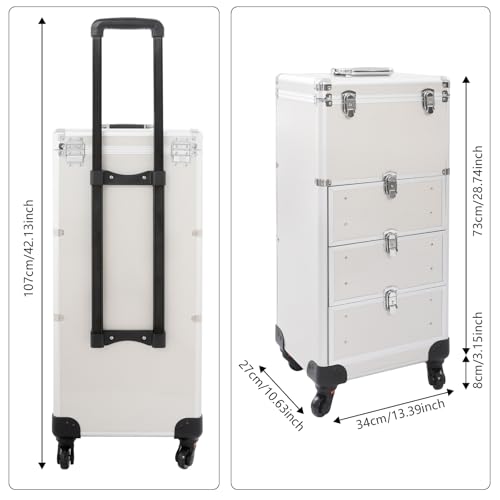 Maletín de maquillaje profesional con ruedas equipado con 3 cajones y cerradura de seguridad – Hecho de aleación de aluminio, adecuado para guardar joyas, plata, Gesamtgröße des Produkts: 34*27*107cm - imagen 8
