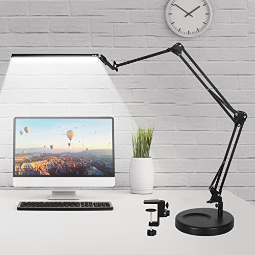 Desk Lamps For Home Office, 2-In-1 Led Desk Lamp, 3-Section Long Arm Desk Light With Clamp And Base, Adjustable Table Lamp With 3 Colors Modes, 10 Dimmer Levels And Memory Function #TOP21