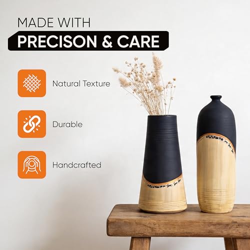 Image of Aakriti Art Creations | Midnight's Secret Large Vase Set of Two Living Room & Bedside Home Decorative Flower Terracotta Vases (5X5X9.6, 4X4X11.5)