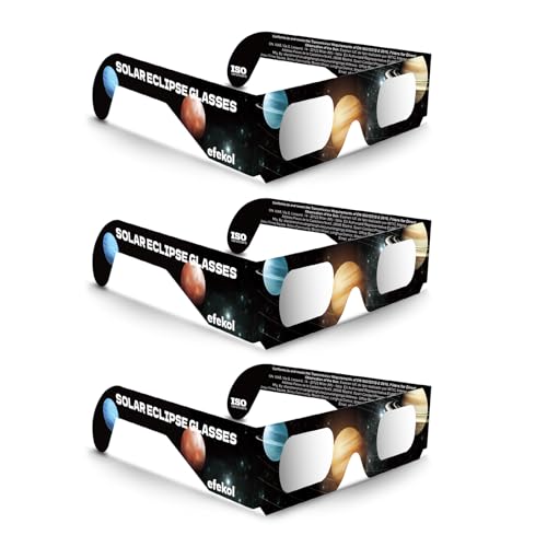 efekol Gafas Eclipse Solar Homologadas (3 Pack) - Certificación CE y EN ISO 12312-2 para Observación Segura del Sol - Eclipse Total 12 de Agosto de 2026 (Total en España, Parcial en Europa)