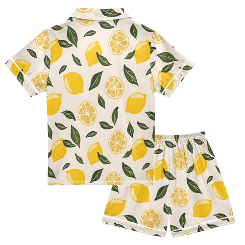 Cartoon Cute Lemon Paint Summer Satin Pajama Set, Cute Button-Down Sleepwear Pj Set for Sleep Wears2