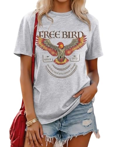 LETSEE Short Sleeve Shirts for Women Free Bird Vintage Rock Graphic Tees Casual Crewneck Tops Summer Rock Tee Light Grey - image 1