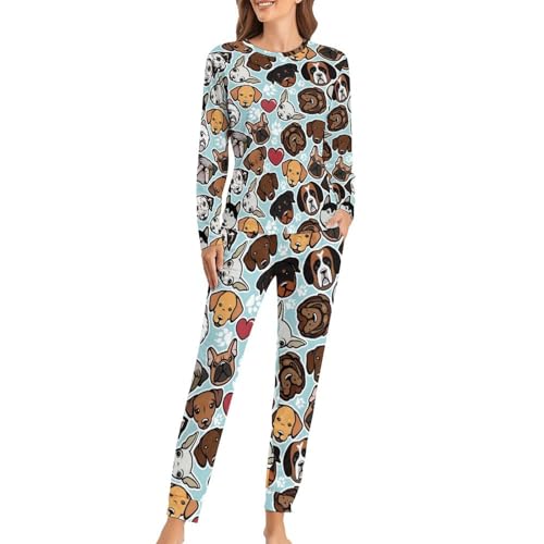 Pyjama femme manches longues tête de chien respirant et fluide pour nuit confortable
