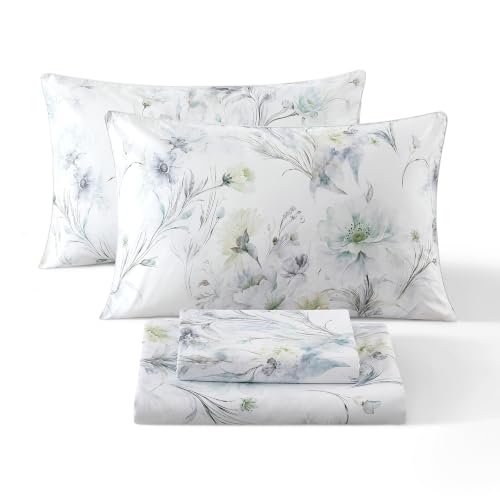 Image of Vintage Green Floral Percale Bed Sheets Full Size Deep Pocket 4Pcs | 100% Cotton Flower Farmhouse Sheet Set, Peony Print Cottagecore Sheets, Luxury Designer Bedding, Aesthetic, Soft Crisp, White