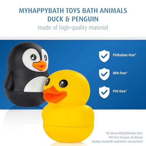 reer MyHappyBath Toys Badetiere Ente & Pinguin | Badespielzeug für Babys und Kinder ab 6 Monaten | Spritztiere | Spaßiges Badewannenspielzeug
