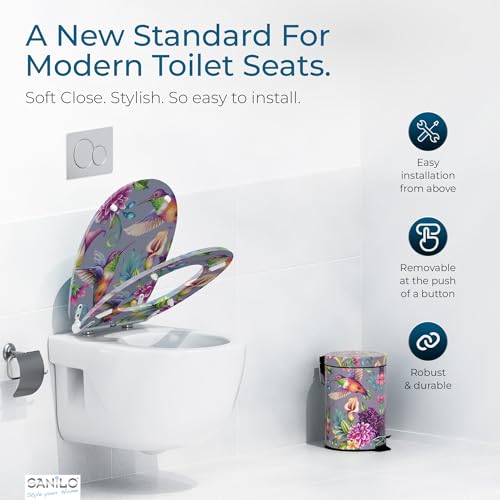 Image of Sanilo Wooden Toilet Seat with Quick Release & Soft Close [ROUND] - Decorative & Slow Close Molded Wood Seat - With One Click for Easy Installation & Cleaning - With Adjustable Fit (Hummingbird)