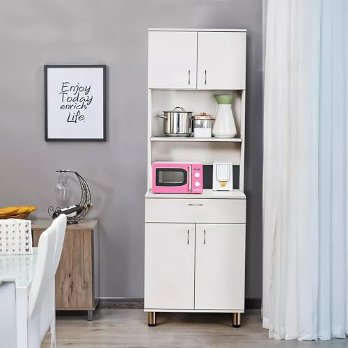 Alpine Willow Tall Kitchen Storage Cabinet (Free Installation) White Microwave Stand with Shelves and Drawers I Double Door Pantry Unit I Hutch I Crockery Cabinet I Crockery Unit I Oven Stand