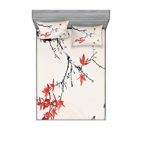 Ambesonne Japanese 2 Pack Fitted Sheet & Pillow Sham Set, Romantic Spring Theme, 4 Pcs Bedding Decor, Package Contains 2 Full Size Fitted Sheets & 4 Pillow Covers, Black and Coral