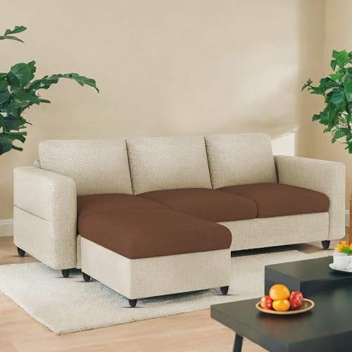 Image of BRAXTON Brody 3 Seater Sofa with Ottoman Set for Living Room (Cream Brown Fabric) Premium Fabric Sofa