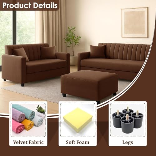 Image of 3+2 Fabric Wooden Sofa Set with Ottoman for Living Room | Modern Upholstered 5-Seater Couch | Soft Cushion, Premium Velvet Fabric-Brown