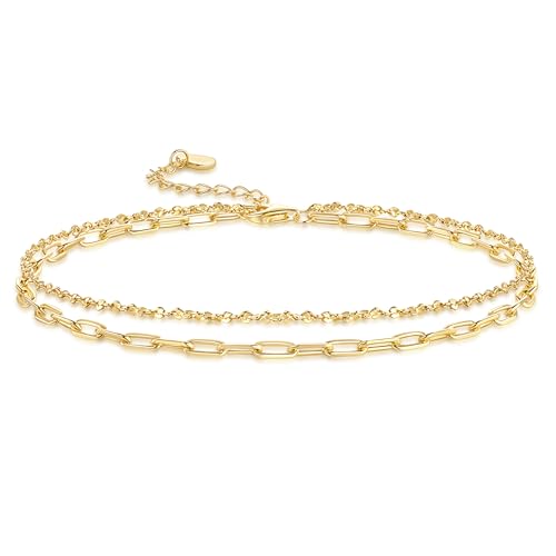 14K Gold Anklets for Women Gold Ankle Bracelets for Women Double-Layer Design Delicate Chain Stacked with Paperclip Link Anklets for Womens ankles bracelets