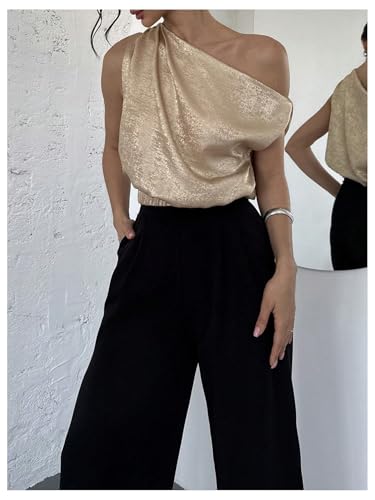 SOLY HUX Women's Metallic Crop Tops Off The Shoulder Asymmetrical Neck Sleeveless Cocktail Party Blouses4