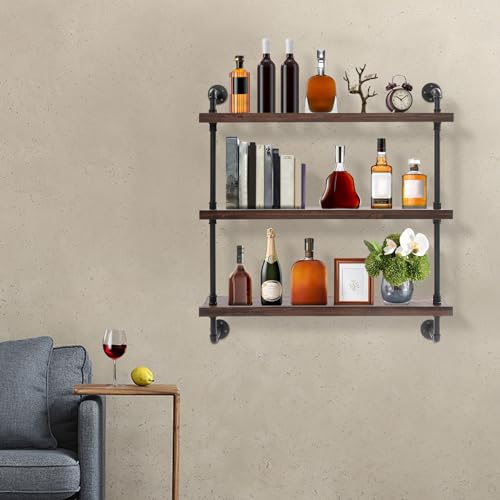 Bacocoo 39.7in Large Wine Rack with LED Light Solid Wood Wall Mounted Wine Rack, 3-Tiers Liquor Bottles Floating Shelves Display Storage Organizer for Home Bar & Dining Room. (Dark Walnut)