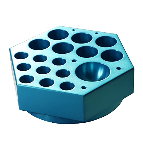 Lab Heat Block - Aluminum Reaction Block for Heat/Stir Plates - Holds 25-mL Round-Bottom Flasks, Scintillation Vials, 2-Dram Vials, & NMR Tubes – Anodized Aluminum, Blue - Fits 135 mm Round Plate Tops