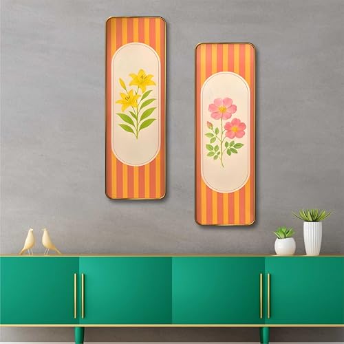 Image of Livin'luxe Striped Floral Set of 2 Vertical MDF Wall Panels | Premium Sparkle Lamination Finish | Modern Yellow & Pink Flower Art for Living Room & Bedroom Wall Decor 20 Inch x 30 Inch