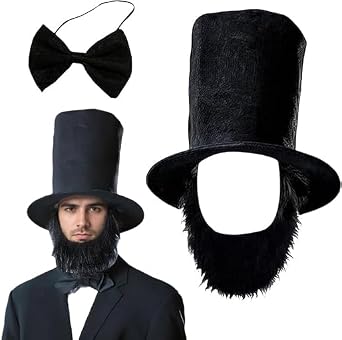 3 Pcs Gentleman President Top Hat Necktie Beard Set Funny Party Patriotic Costume for Patriotic Day Halloween Cosplay Dress Up Costume
