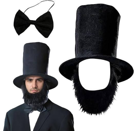 FakeFace 3PCS Abe Lincoln Costume Deluxe Top Hat Necktie Beard Set for Halloween Cosplay Presidents Abe Historical Dress Up Costume