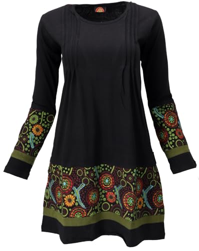 GURU SHOP Baumwoll Minikleid Boho Chic, Langarm Tunika - Schwarz/grün, Damen, Baumwolle, Size:M