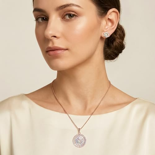 Image of Rose Gold Pendant Necklace Set with Stud Earrings, Aurora Borealis Crystal, Floral Mandala Design