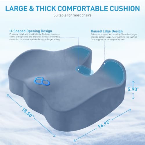 Image of BlissTrends Extra Thick Seat Cushion for Office Chair & Car Seat,LightBlue | Tailbone & Sciatica Relief, Ergonomic Support, High-Density Memory Foam, Comfort for Extended Sitting