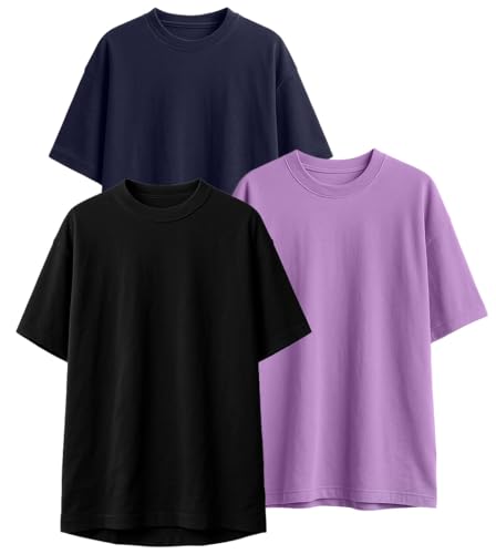 Image of Veirdo 100% Pure Cotton Drop Shoulder Oversized Baggy Fit Half Sleeve Plain Solid Round Neck Multicolor T-Shirt Combo for Men (Pack of 3) (Sizes S-2XL)