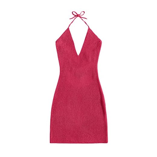 MakeMeChic Women's Sleeveless Halter Tie Back Knitted Swim Beach Cover Up Dress Hot Pink A S