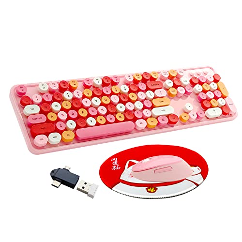 Image of Wireless Keyboard and Mouse Combo, Ergonomic Cute Retro Typewriter Full Size Colorful USB Cordless Keyboard Mouse Set for Gaming and Office (Pink)