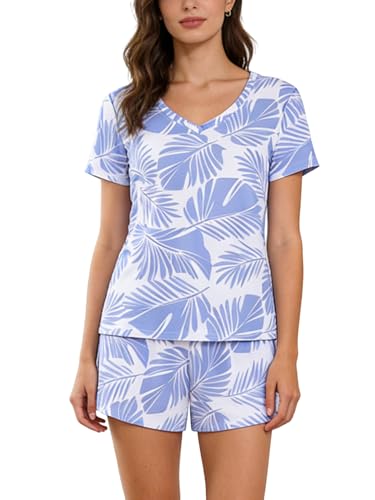Image of VENTELAN Pajama Set For Women Cute PJS Summer Short Sleeve Shorts Sleepwear