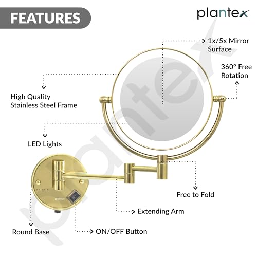 Image of Plantex Brass and 304 Stainless-Steel Magnifying Mirror with LED /Wall Mount Makeup Mirror with Light /Zoom Mirror- 5x /1x Magnification (8 Inch-Gold)