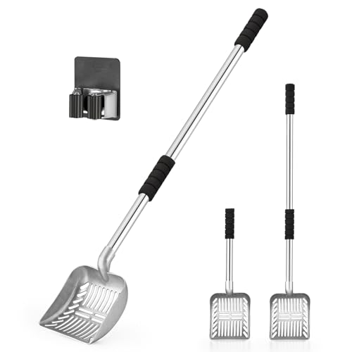 Yangbaga Metal Cat Litter Scoop:Detachable Long Handle Litter Scooper with Deep Shovel Pooper Scooper Heavy Duty for Litter Box Stainless Steel Non-Stick Sifter with Foam Padded Grip No Bending Back
