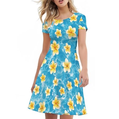 Image of HUGS IDEA Womens Puffy Swing Midi Dress Round Neck Short Sleeve Party A-Line Dresses