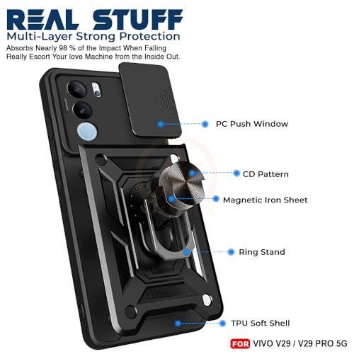 Image of Armor Bumper Back Cover Case for Vivo V29 / V29 Pro | Rotating Camera Cover, Ring Holder & Kickstand | Heavy Duty & 360 Degree Protection Vivo V29 / V29 Pro Back Cover (Black)