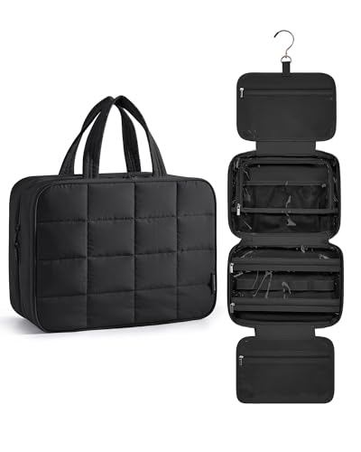 BAGSMART Hanging Toiletry Bag with Jewelry Organizer, Travel Bag for Toiletries, Puffy Makeup Cosmetic Bag Organizer, Carry-on Travel Accessories Essentials, Black-M