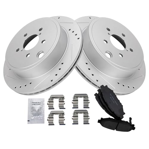 Image of TRQ Performance Rear Brake Pad and Rotor Set Ceramic Coated Drilled Slotted Rotors Compatible with 2010-2014 Subaru Legacy