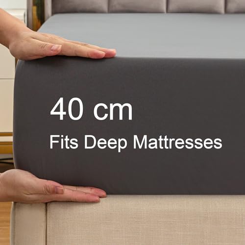 Soifox Double Fitted Sheets 40 cm Extra Deep Pocket Dark Grey Bed Sheets 16 inch - Image 4