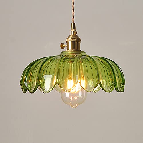 DEDVBJ Suspension Luminaire Vintage Lustre Rétro en Verre, Lampe Suspendue Design Lotus Abat-jour pour Ampoules E27, Parfait pour Salle à Manger Chambre Salon Cuisine Hôtel Café Bar Ø25cm, Vert Cover