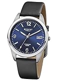 REGENT F-1680 Orologio da uomo Titanio Grigio Blu Sunray Quadrante Cinturino in pelle Nero 36 mm Quarzo 5 ATM