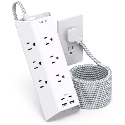 Surge Protector Power Strip, Addtam 5 ft Flat Plug Extension Cord with 4 USB Wall Charger(2 USB C Port), 9 Widely Outlets Desk Charging Station, Home Office and College Dorm Room Essentials Cover