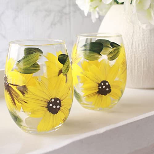 Handmade-Sunflower-Stemless-Wine-Glasses-Gift-for-Women-Sunflower-Kitchen-Decor-Rustic-Country-Farmhouse-Set-of-2-Hand-Painted Handmade Sunflower Stemless Wine Glasses Gift for Women Sunflower Kitchen Decor Rustic Country Farmhouse Set of 2 Hand Painted