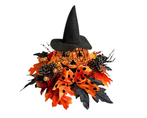 Svndlyn Lighted Harvest Pumpkin Table Decoration Indoor Outdoor Table Centerpiece with Maple Leaves Black Berries and Witch Hat for Fall Table Centerpieces Thanksgiving Halloween Decor