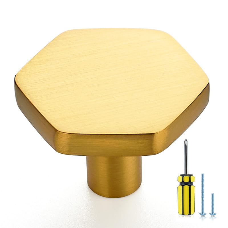 Image of Ravinte 10 Pack Brushed Brass Solid Kitchen Cabinet Knobs Zinc Alloy Door Knobs Cabinet Hardware Gold Dresser Drawer Handles with Screwdriver
