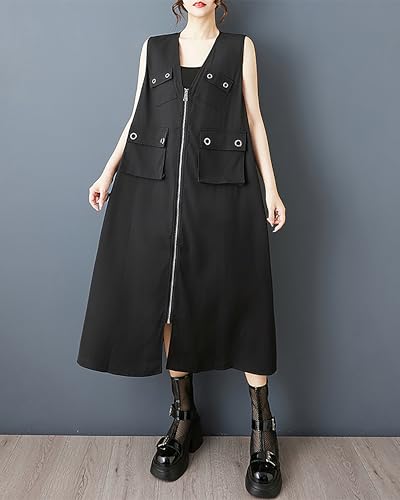 ellazhu Women's Dress V-Neck Zip Up Pocket Solid Sleeveless Flowy Hem Casual Fashion Summer GZ546 A3