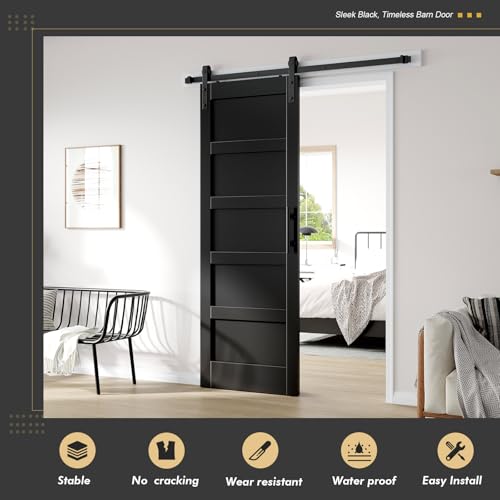 Image of Fredbeck 30x84 in Black Barn Door with 5.5FT Hardware Kit Included,5-Panels | Sliding Interior Door with Handle,Solid,MDF, PVC Surface,DIY Assembly