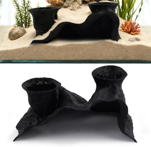 Dual Entry Rock Texture Aquarium Cave, Fish Hideaways Tank Hides Decoration & Natural Hideout Stones Decor for Cichlid Betta Plecos Shrimp & Corydoras (Black, Small)